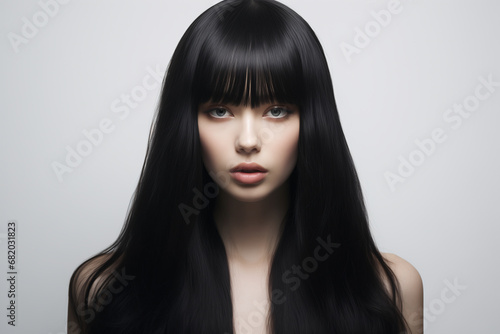 close-up portrait of a young woman with black shiny hair