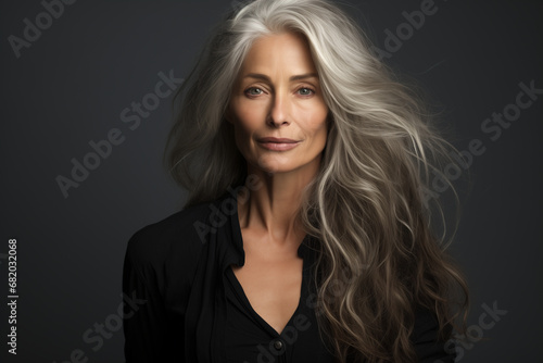 portrait of an elderly gray-haired woman with long hair