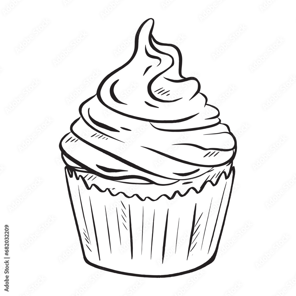 Hand drawn ink vector. Tasty muffin adorned with a dollop of whipped cream. Ideal for a morning treat, sweet brunch, and dessert aficionados. for bakeries, pastry shops, cafes, eateries, and menu Hand drawn ink vector. Tasty muffin adorned with a dollop of whipped cream. Ideal for a morning treat, sweet brunch, and dessert aficionados. for bakeries, pastry shops, cafes, eateries, and menu
