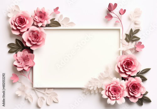 Frame with paper flowers on white background. Cut from paper. Place your text.