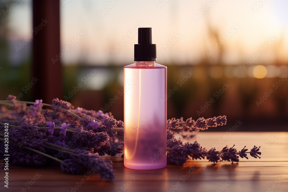 cosmetics bottle mockup and lavender bouquet cosmetics bottle mockup and lavender bouquet