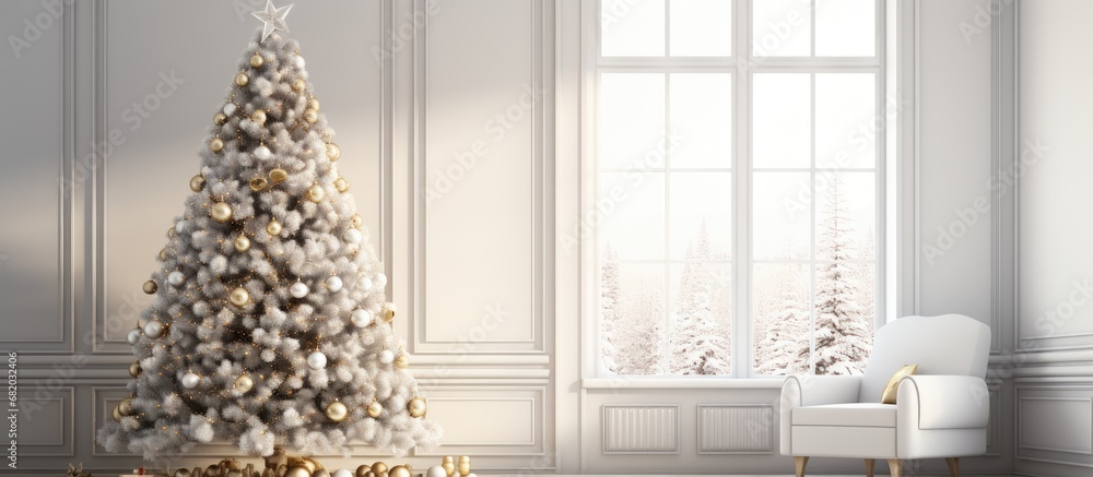 In a corner of the room, an exquisitely decorated fir tree stood tall, isolated against a pristine white background, symbolizing the joyous celebration of Christmas, with its myriad of colorful In a corner of the room, an exquisitely decorated fir tree stood tall, isolated against a pristine white background, symbolizing the joyous celebration of Christmas, with its myriad of colorful