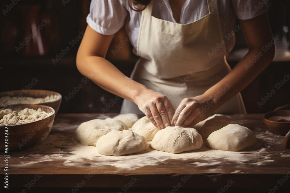 Woman baker's hands kneading dough for bread