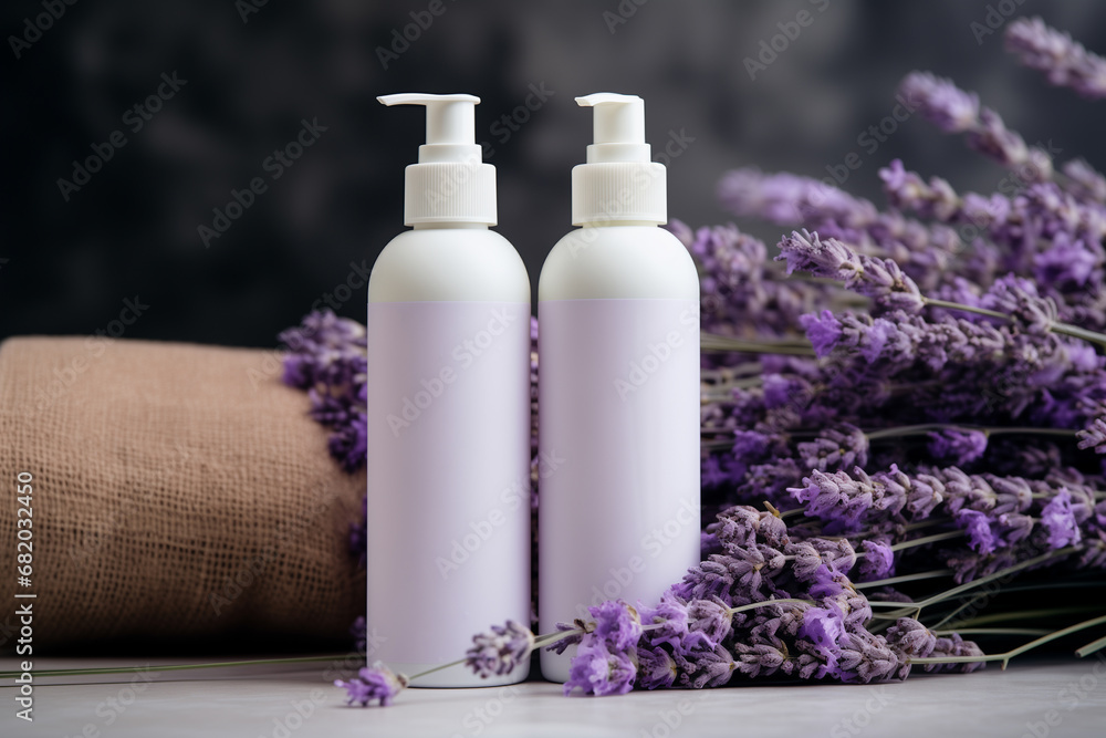 cosmetics bottle mockup and lavender bouquet cosmetics bottle mockup and lavender bouquet