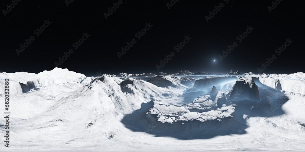 360 degree The surface of Pluto with craters and a rugged landscape