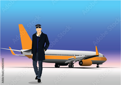 Airport scene with airplane and pilot images. Vector 3d illustration for designers