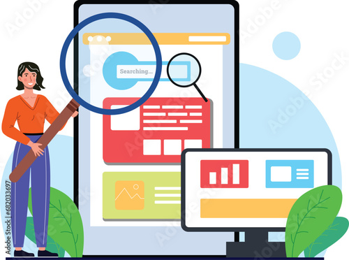 simple flat style women search something at handphone and pc