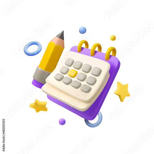 Vector 3d calendar with pencil icon design. Self-organization or special date concept. Planning, organizer design composition isolated on white background