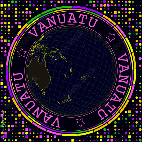 Futuristic Vanuatu on globe. Bright neon satellite view of the world centered on Vanuatu. Geographical illustration with shape of country and geometric background. Authentic vector illustration.