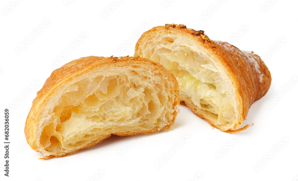 Croissant cut in half isolated on white background