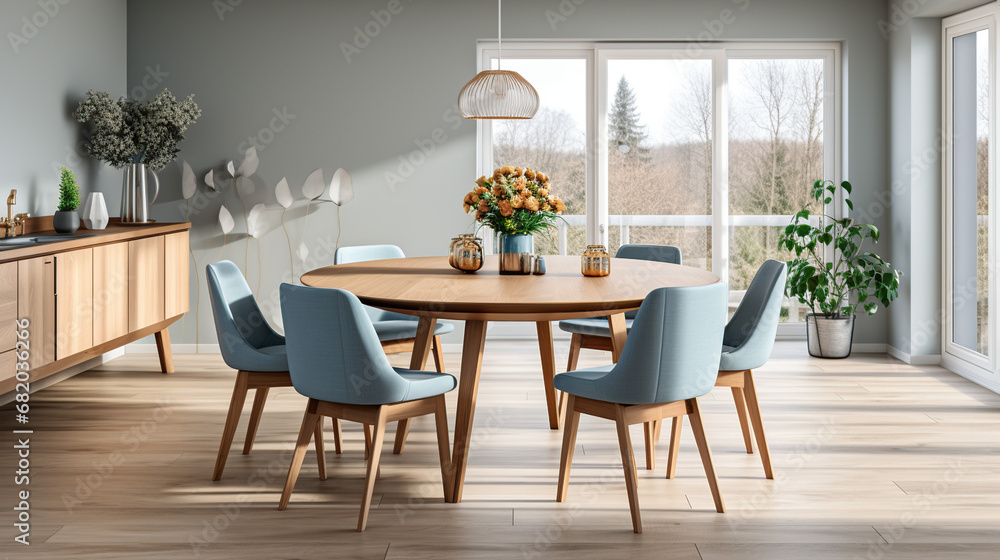 Mid-Century Marvel: A Symphony of Style with a Round Wooden Dining Table and Blue Chairs in a Scandinavian Home Haven
