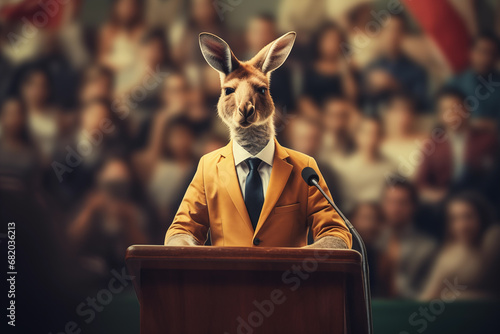kangaroo in yellow suit giving talk at lectern to australian crowd photo