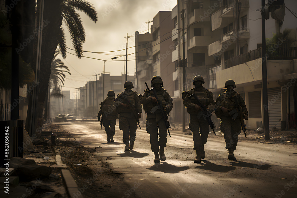 silhouette shot of Israeli soldiers in uniform patrolling streets