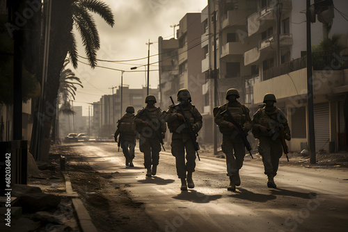 silhouette shot of Israeli soldiers in uniform patrolling streets photo