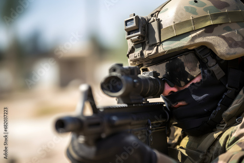 close up shot of Israeli soldier in uniform aiming rifle