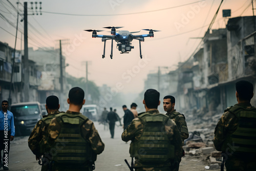 rear view shot of Israeli soldiers in uniform launching drone in streets photo