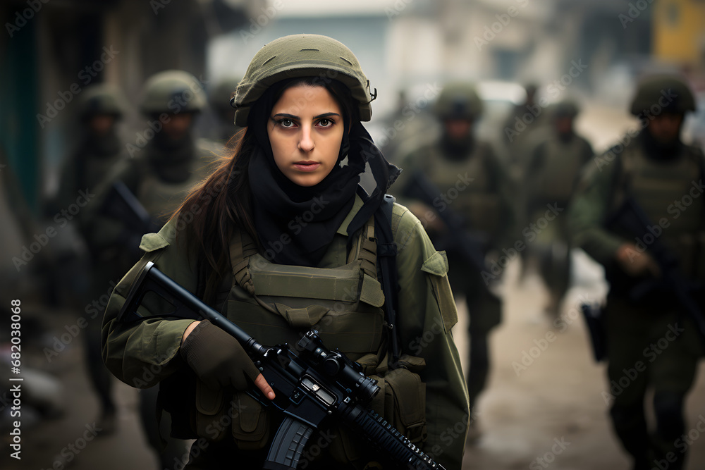 female Israeli soldier in uniform with rifle patrolling streets with squad female Israeli soldier in uniform with rifle patrolling streets with squad