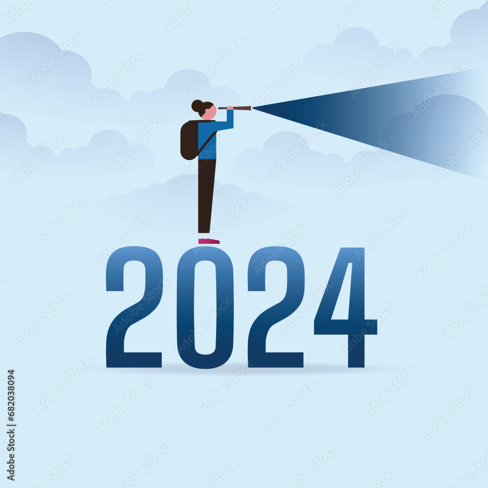 Fototapeta premium business women with binoculars climb up on year 2024