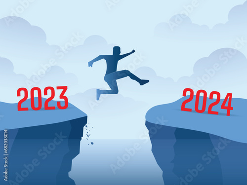 Year 2024 hope, new year resolution or success opportunity, change to new business bright future, overcome business difficulty concept, ambitious businessman jump over year gap from 2023 to 2024.