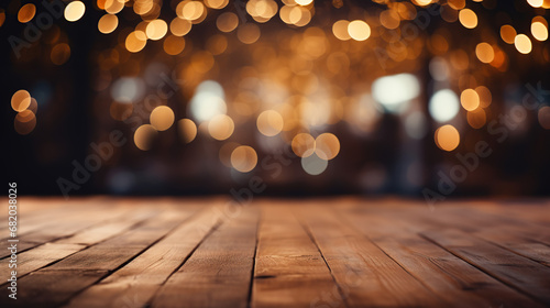 Enchanting Product Showcase: Empty Wooden Floor with Captivating Bokeh Stage Lights