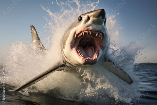 Jaws of the deep A great white shark s open mouth creates a captivating image in the clear blue waters. AI Generative shark.