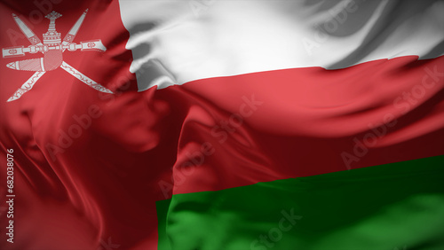 Close-up view of Oman national flag fluttering in the wind.