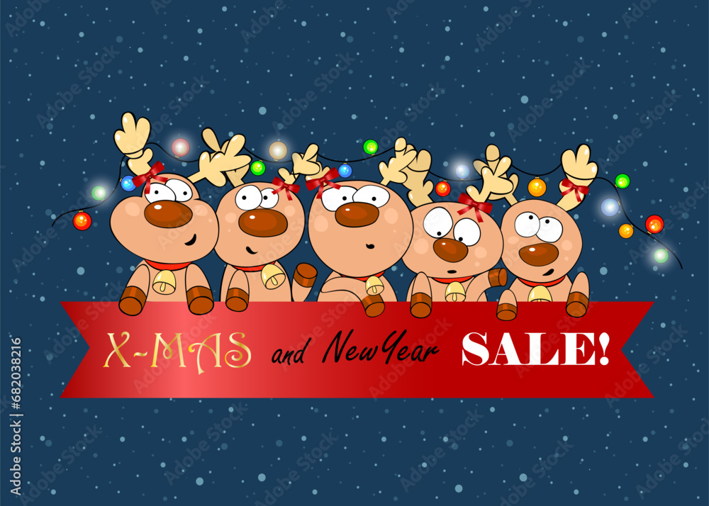 Fototapeta premium Vector New Year and Christmas illustration with magic dears, lights, snow and sale banner.Template for advertising, web, social media.
