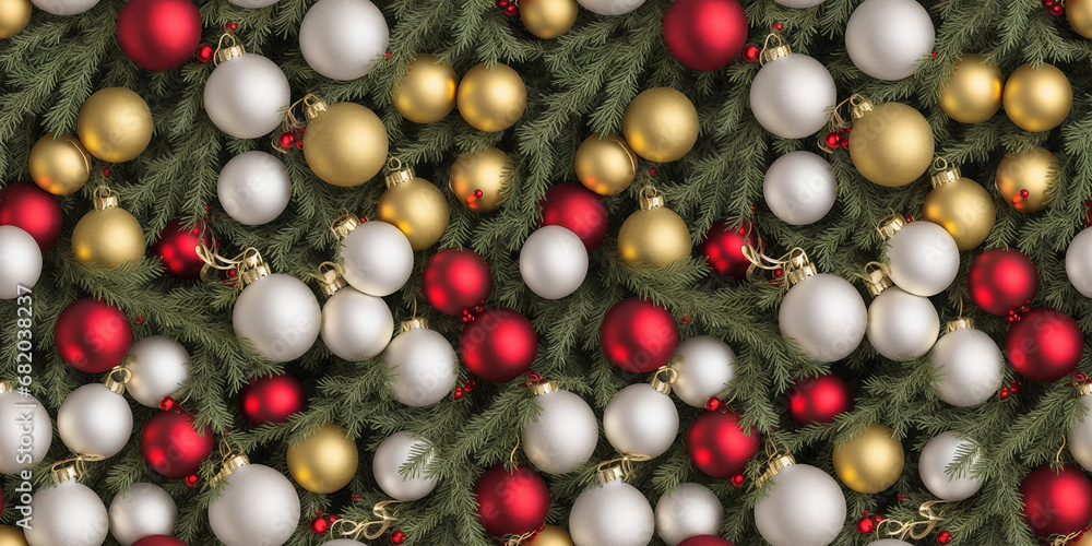Christmas seamless pattern from spruce branches, festive tinsel and New Year's toys.Generative AI. Christmas seamless pattern from spruce branches, festive tinsel and New Year's toys.Generative AI.