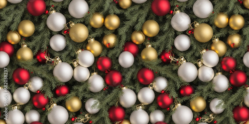 Christmas seamless pattern from spruce branches, festive tinsel and New Year's toys.Generative AI.