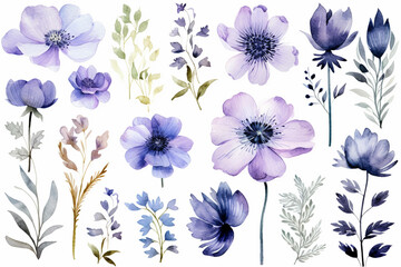 The wallpaper set of many purple watercolor flower type graphic illustrations isolated on a white background for decoration. Generative AI.