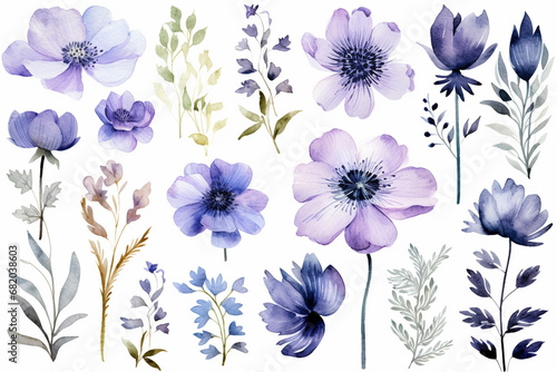 The wallpaper set of many purple watercolor flower type graphic illustrations isolated on a white background for decoration. Generative AI. © Surachetsh