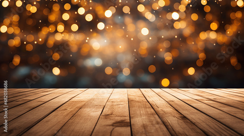 Enchanting Product Showcase: Empty Wooden Floor with Captivating Bokeh Stage Lights