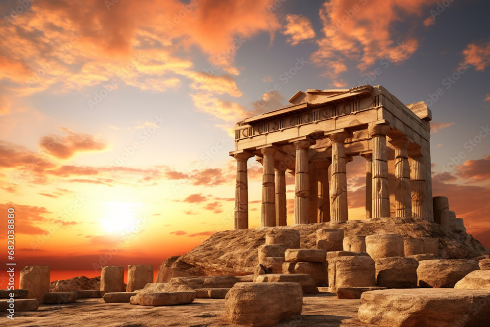 The scenic landscape view of an ancient Greek rock temple with Doric column ruin in the evening twilight time. Generative AI. - obrazy, fototapety, plakaty 