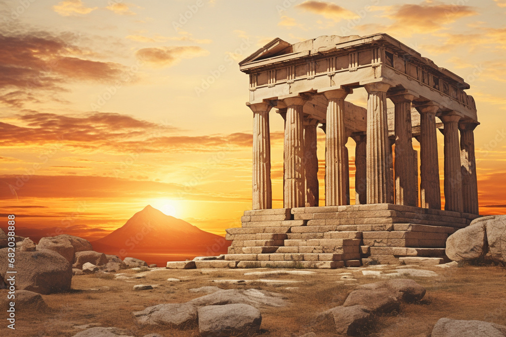 The scenic landscape view of an ancient Greek rock temple with Doric column ruin in the evening twilight time. Generative AI.