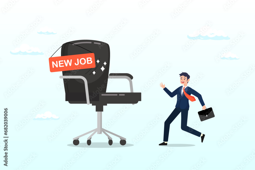 Happy cheerful businessman greeting with his new job office chair, new job offer or new career opportunity, employment and recruitment, promoted to new position or hiring staff for vacancy (Vector) Happy cheerful businessman greeting with his new job office chair, new job offer or new career opportunity, employment and recruitment, promoted to new position or hiring staff for vacancy (Vector)
