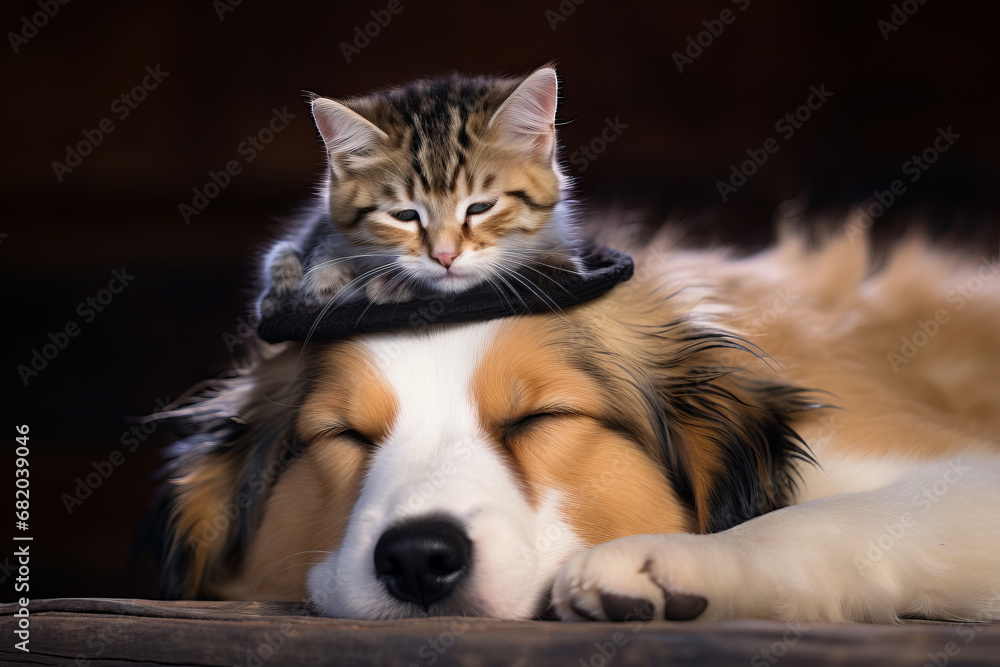 A white kitten sits atop a dog's head, emphasizing the adorable bond and happiness shared by these two pet friends. AI Generative.