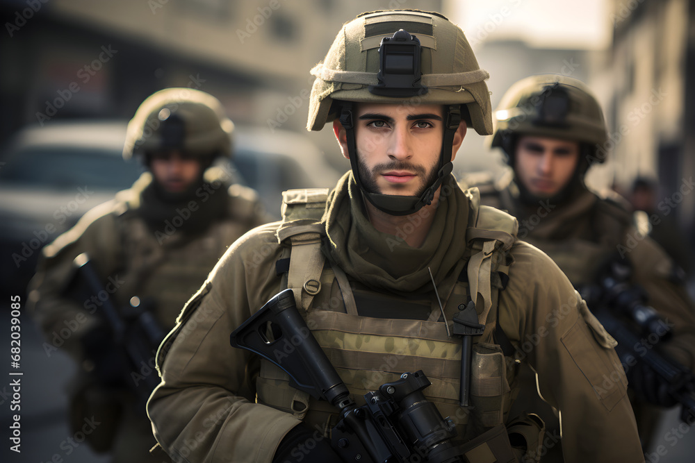 Israeli soldier in uniform with rifle patrolling streets of with squad Israeli soldier in uniform with rifle patrolling streets of with squad