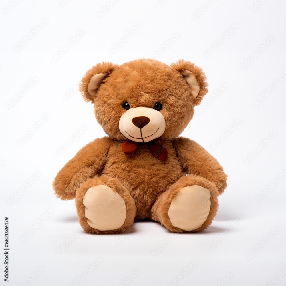 The photo shot of a smiling stuffed big brown teddy bear sitting on a ground isolated on white background. Generative AI.