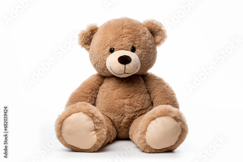 The photo shot of a smiling stuffed big brown teddy bear sitting on a ground isolated on white background. Generative AI.