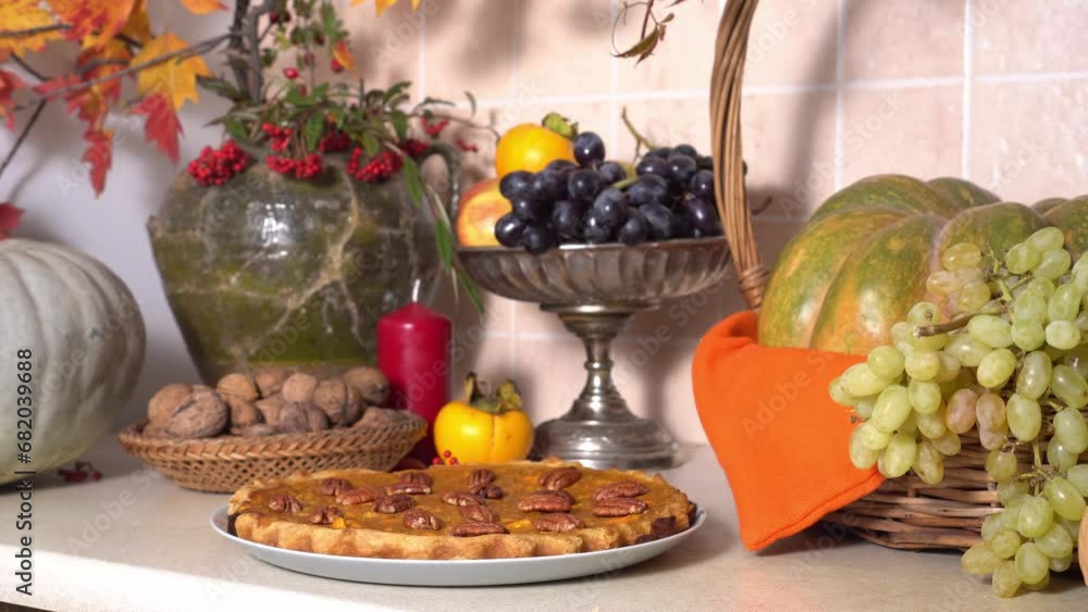 Thanksgiving pumpkin pie, Autumn harvest of farm vegetables at home. Organic food Thanksgiving pumpkin pie, Autumn harvest of farm vegetables at home. Organic food