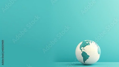  an egg with a green and white map of the world painted on it's side on a blue background, with a shadow of the whole egg in the foreground.