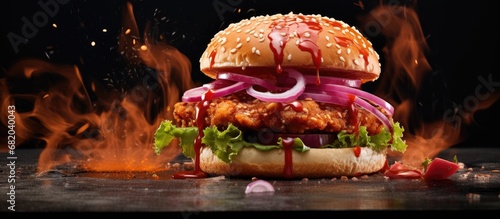 In the busy kitchen, the chef expertly cooked the juicy red chicken burger with a tantalizing pink hue, combining the perfect balance of healthy ingredients, aromatic spices, and gourmet sauces