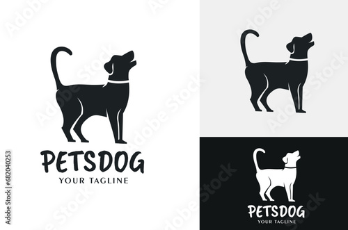 Silhouette of Pet Dog Playing. Illustration design of a dog with a standing tail as a sign of wanting to play black and white background © Ahmad
