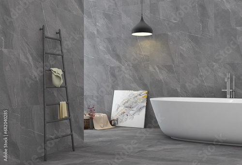 Interior of a luxurious bathroom with grey marble flooring and walls. White bathtub next to window with a view of the backyard, fresh plant for some fresh air, and other toiletries. 3D Rendering