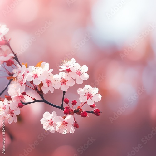 Beautiful branch of a pink cherry full blossoms flowers. Macro horizontal photography. Summer and spring backgrounds, soft blurred focus.
