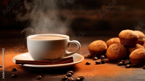  a cup of coffee sitting on top of a saucer next to a pile of muffins on top of a wooden table next to a pile of coffee beans.