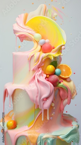  a multicolored cake with icing, candies, and candies on the top and bottom of the cake, on a gray background of a white backdrop.