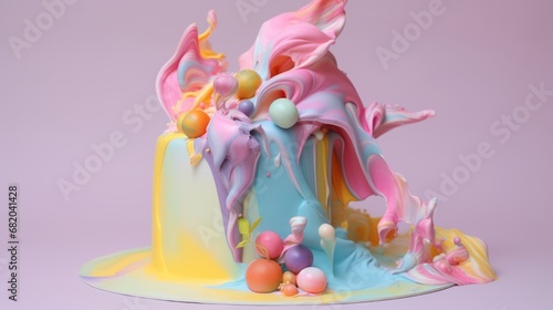  a multicolored cake with icing and candies on a white plate on a pink background with a pink, yellow, orange, blue, pink, and green, and orange design.