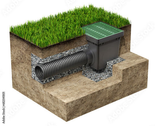 Cross section of sewer drainage system concept with drain box and catch basin isolated on white background - 3D illustration photo