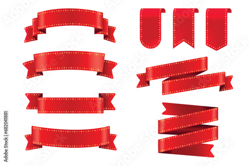 Set of Red Color Ribbons and Tags with light isolated on white background. 3D Vector Illustration.